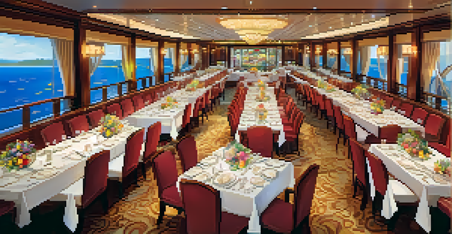 An elegant dining area on a cruise ship, with beautifully set tables and soft ambient lighting, creating a luxurious atmosphere.