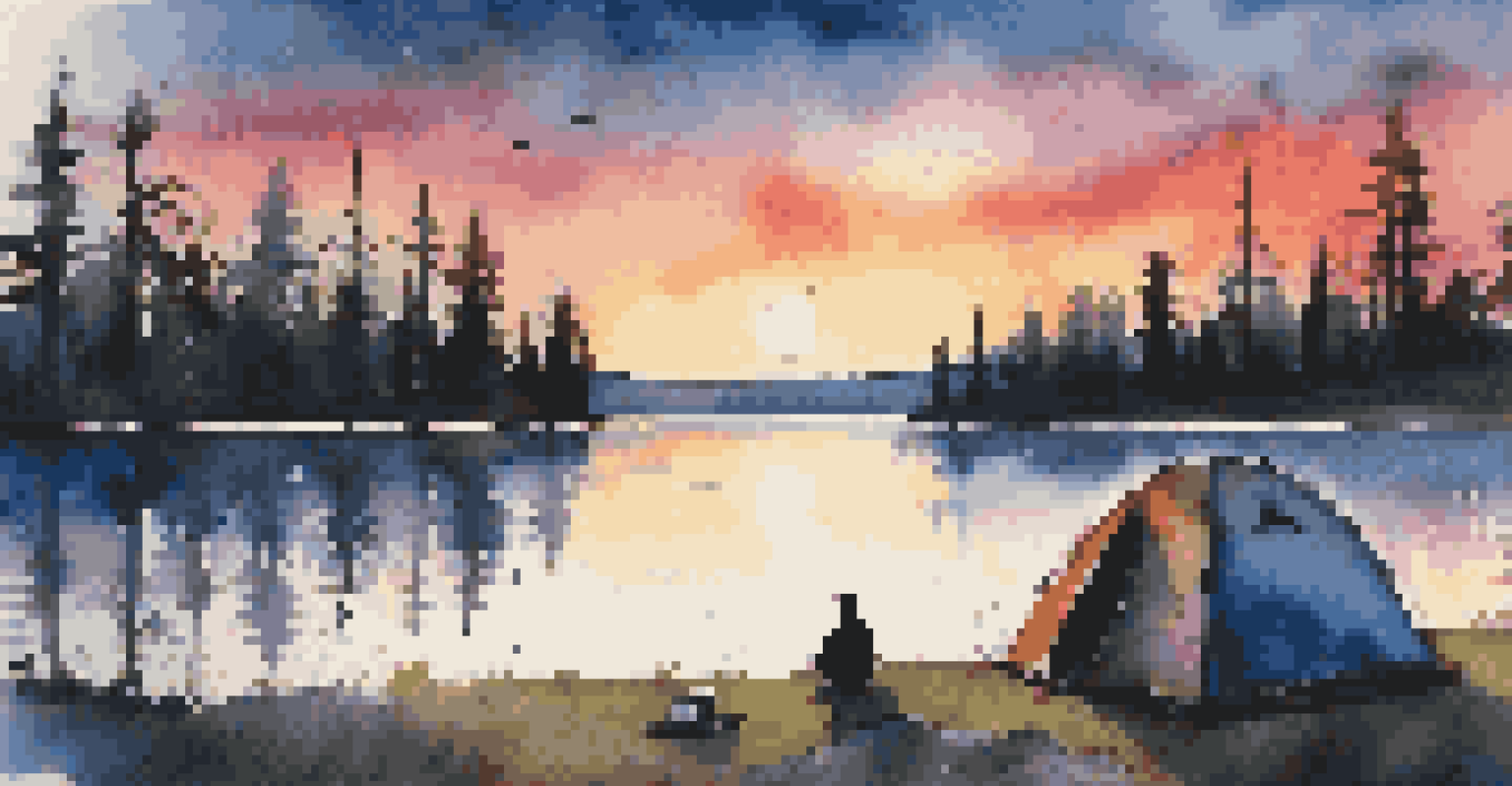 A campsite at sunset with a tent by a lake, a person sitting on a log with a cup of coffee, and a small campfire.