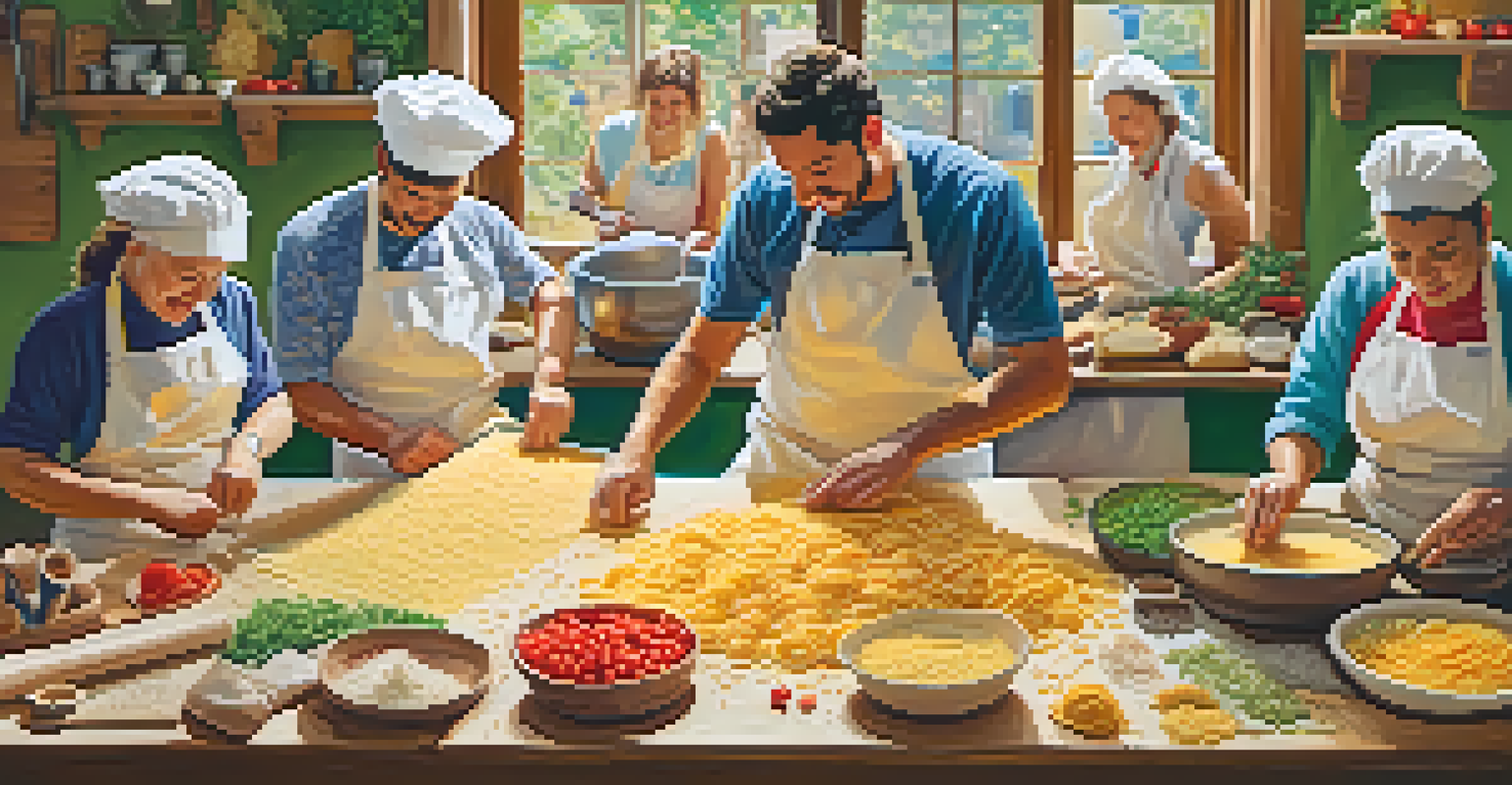 An overhead view of a pasta-making class with participants actively rolling dough and colorful ingredients on the table.