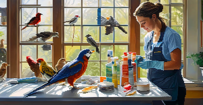 A volunteer feeding an injured bird in a bright wildlife rehabilitation center filled with care supplies and conservation posters.