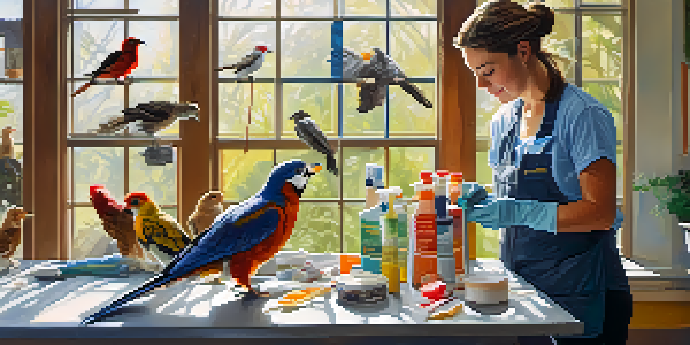 A volunteer feeding an injured bird in a bright wildlife rehabilitation center filled with care supplies and conservation posters.