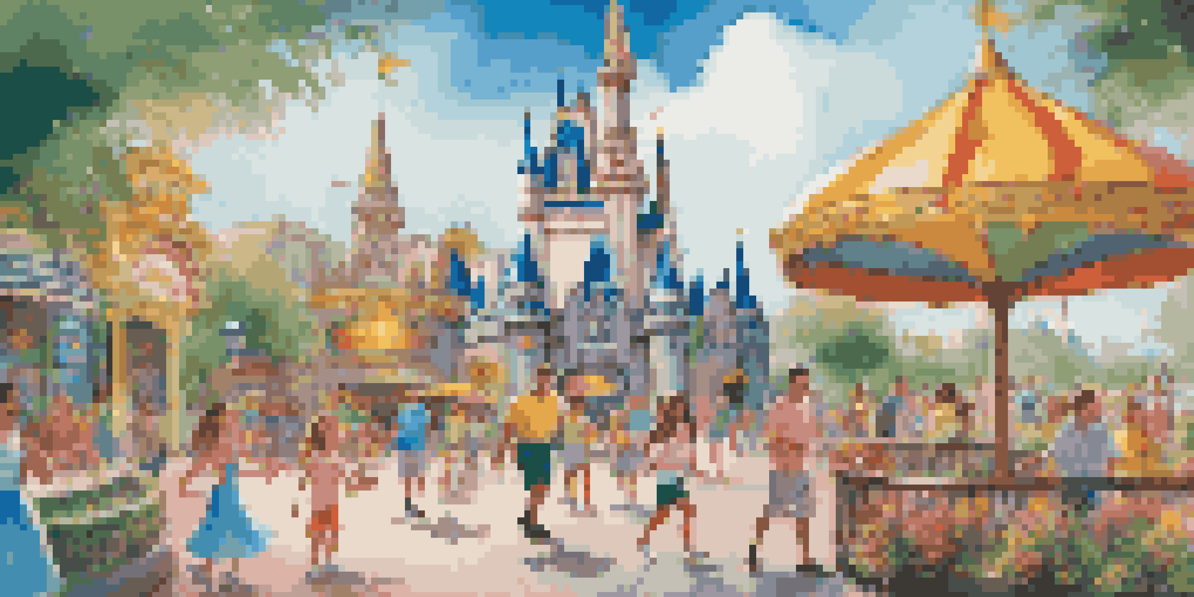 A family enjoying their time at a theme park in Orlando, with rides and attractions in the background.