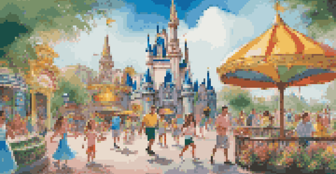 A family enjoying their time at a theme park in Orlando, with rides and attractions in the background.