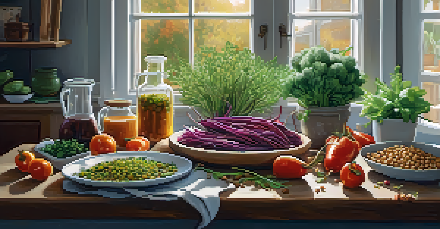 A rustic kitchen table displaying a colorful plant-based meal with roasted vegetables, grains, and herbs, illuminated by natural light.
