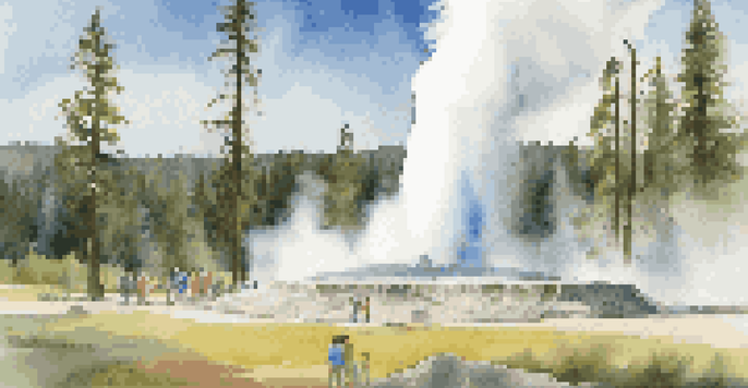 A family enjoying the eruption of Old Faithful geyser in Yellowstone National Park, surrounded by greenery and a clear blue sky.