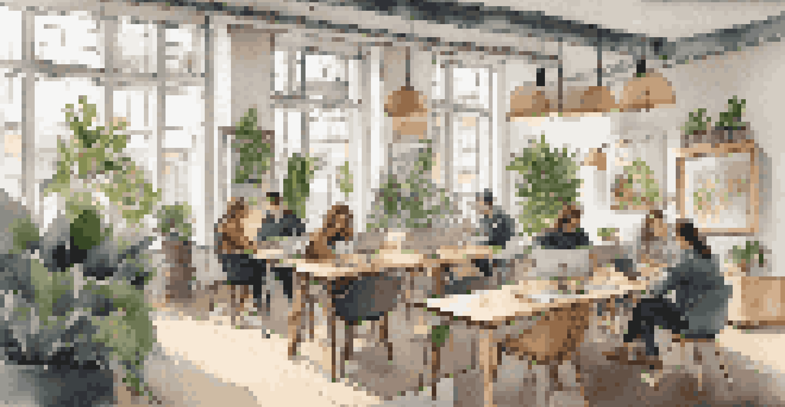 A chic co-working space in Amsterdam filled with natural light, modern decor, and people collaborating at communal tables.