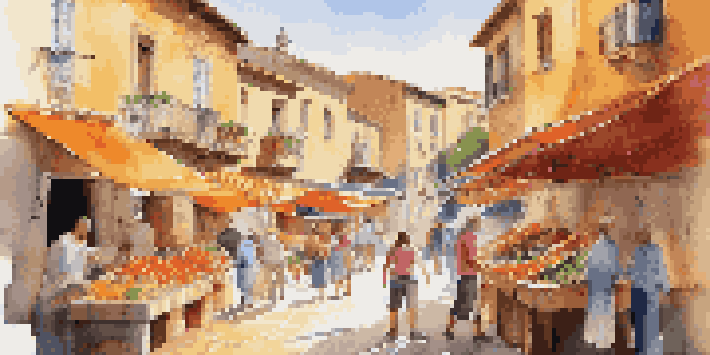 A family in a colorful Spanish marketplace, where children are practicing greetings with local vendors among vibrant stalls.