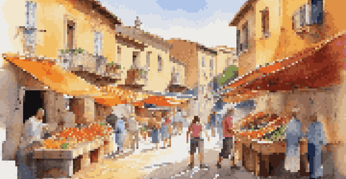 A family in a colorful Spanish marketplace, where children are practicing greetings with local vendors among vibrant stalls.