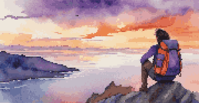 A solo traveler on a cliff at sunset, gazing at the ocean, with colorful skies.