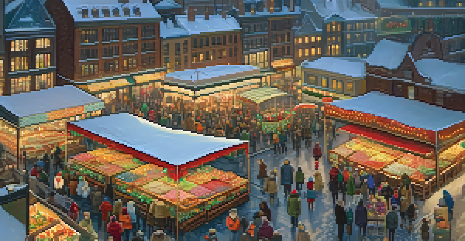 A vibrant holiday market bustling with shoppers, colorful stalls, and festive decorations, illuminated by strings of lights and light snowfall.