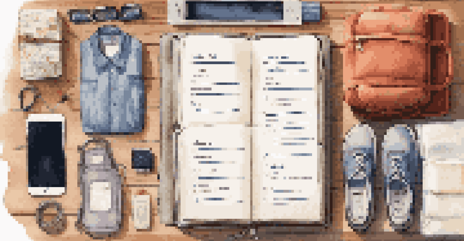 An overhead view of a travel checklist and packing cubes on a wooden table.