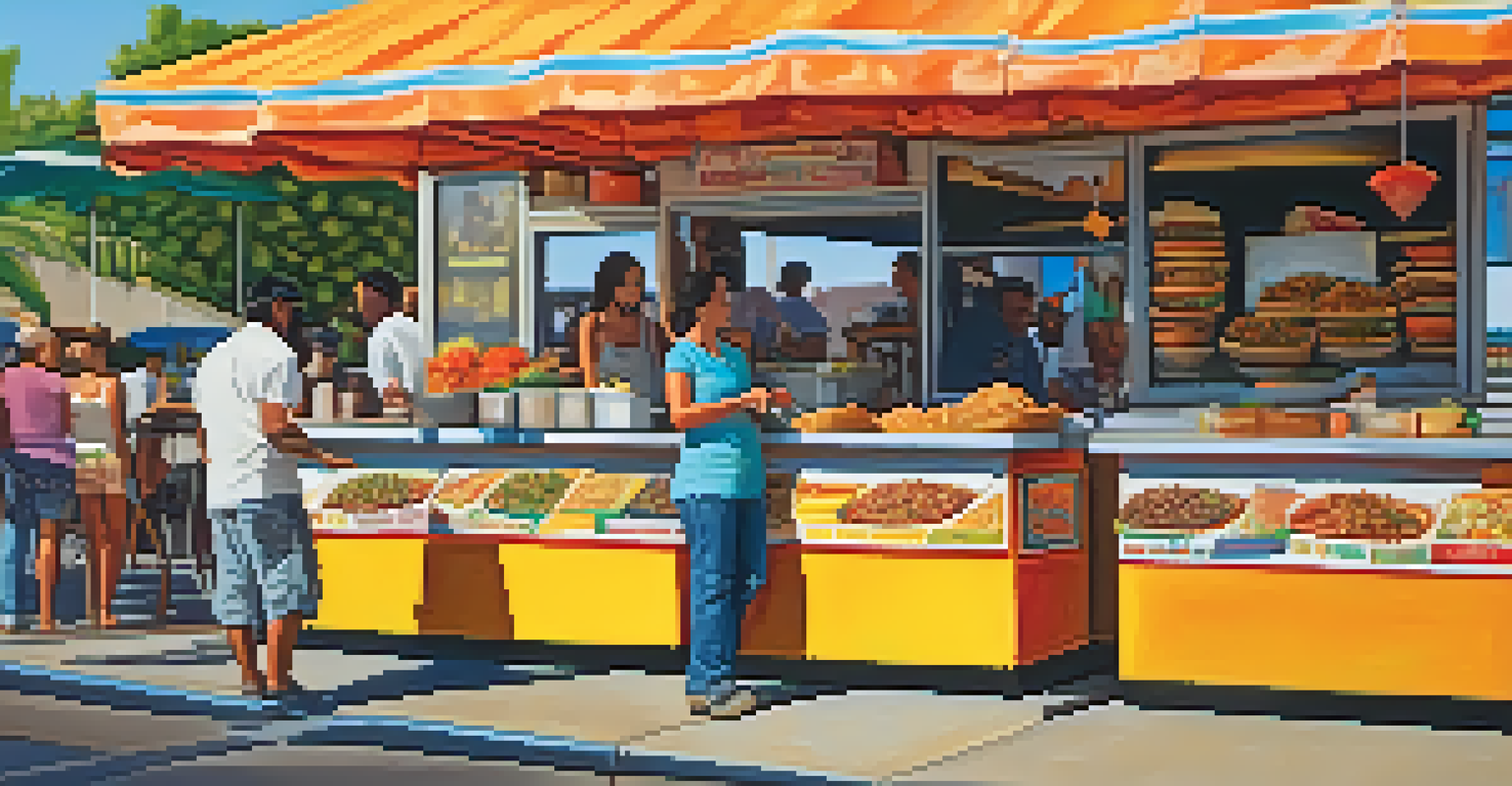 A busy taco stand in California with a variety of colorful tacos being enjoyed by patrons.