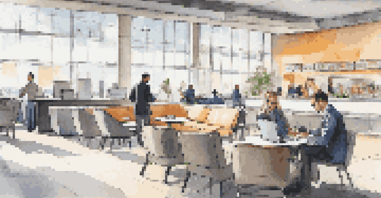 A modern airport lounge with workstations and a traveler using a laptop, surrounded by refreshments.