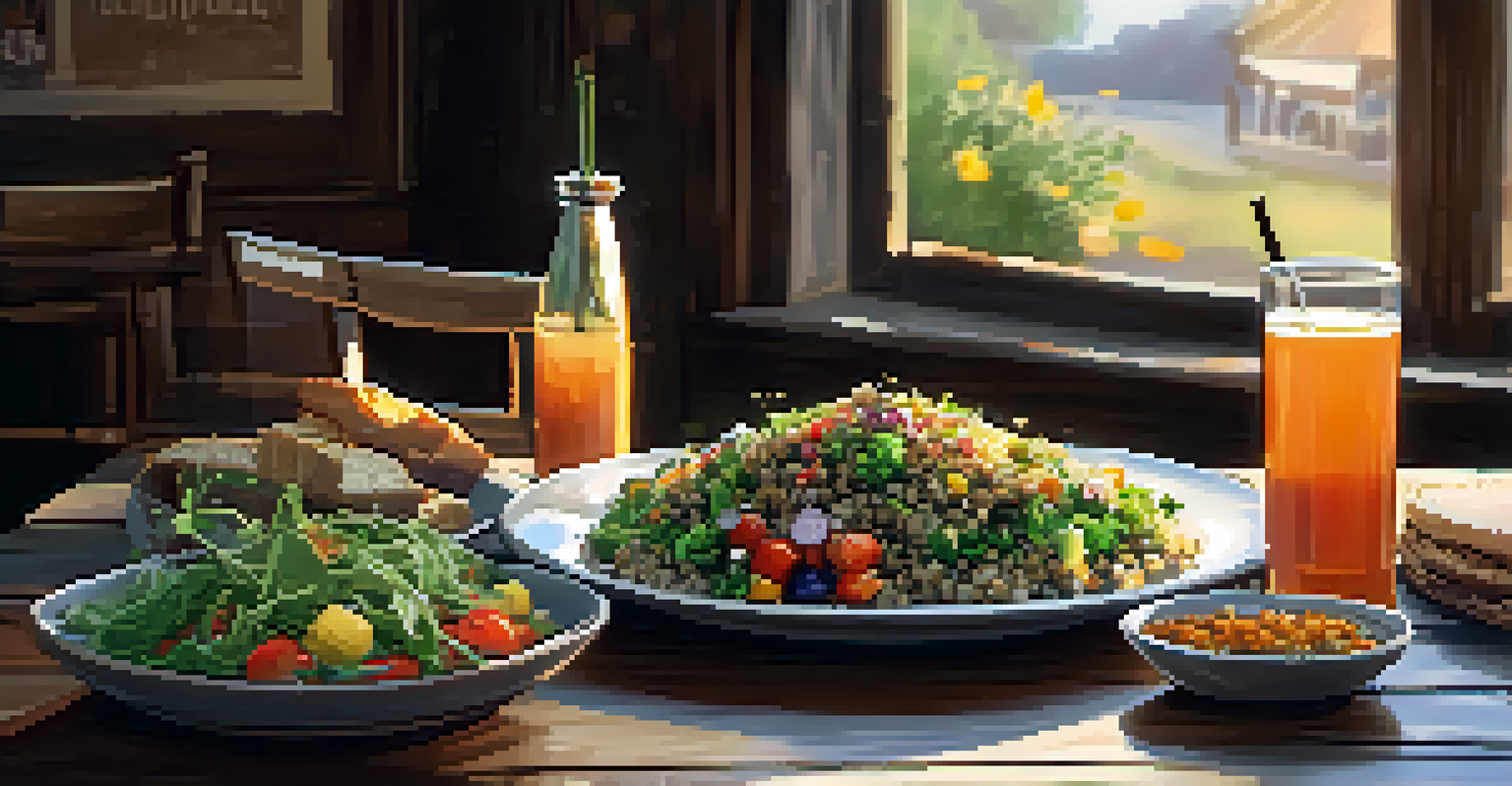 A rustic café table with colorful vegetarian dishes and a warm, inviting ambiance.