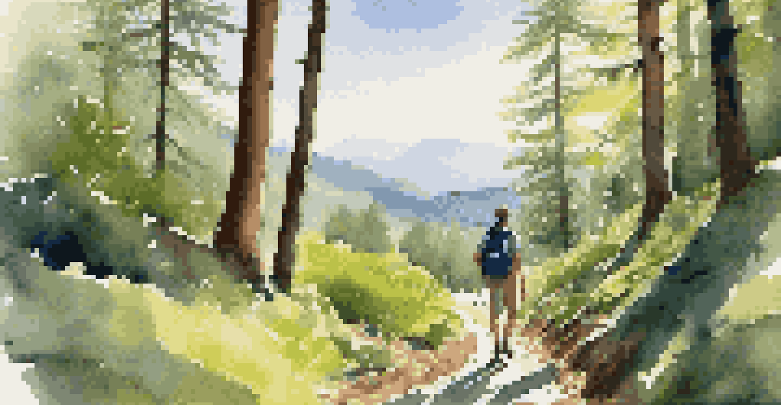 A peaceful hiking trail with a solo traveler enjoying the view of mountains and greenery under a clear blue sky.