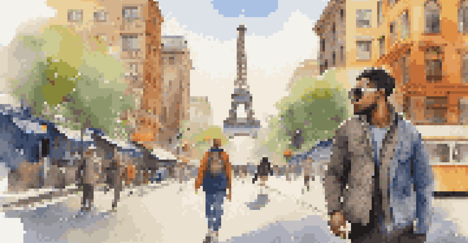 A traveler in a city wearing layered, comfortable clothing with a tank top and light jacket, surrounded by bustling street activity.