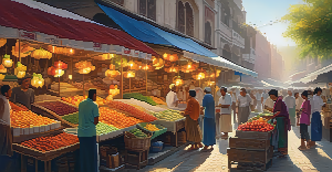 A busy street market with colorful stalls and smiling vendors, filled with fresh produce and crafts, under warm sunlight.
