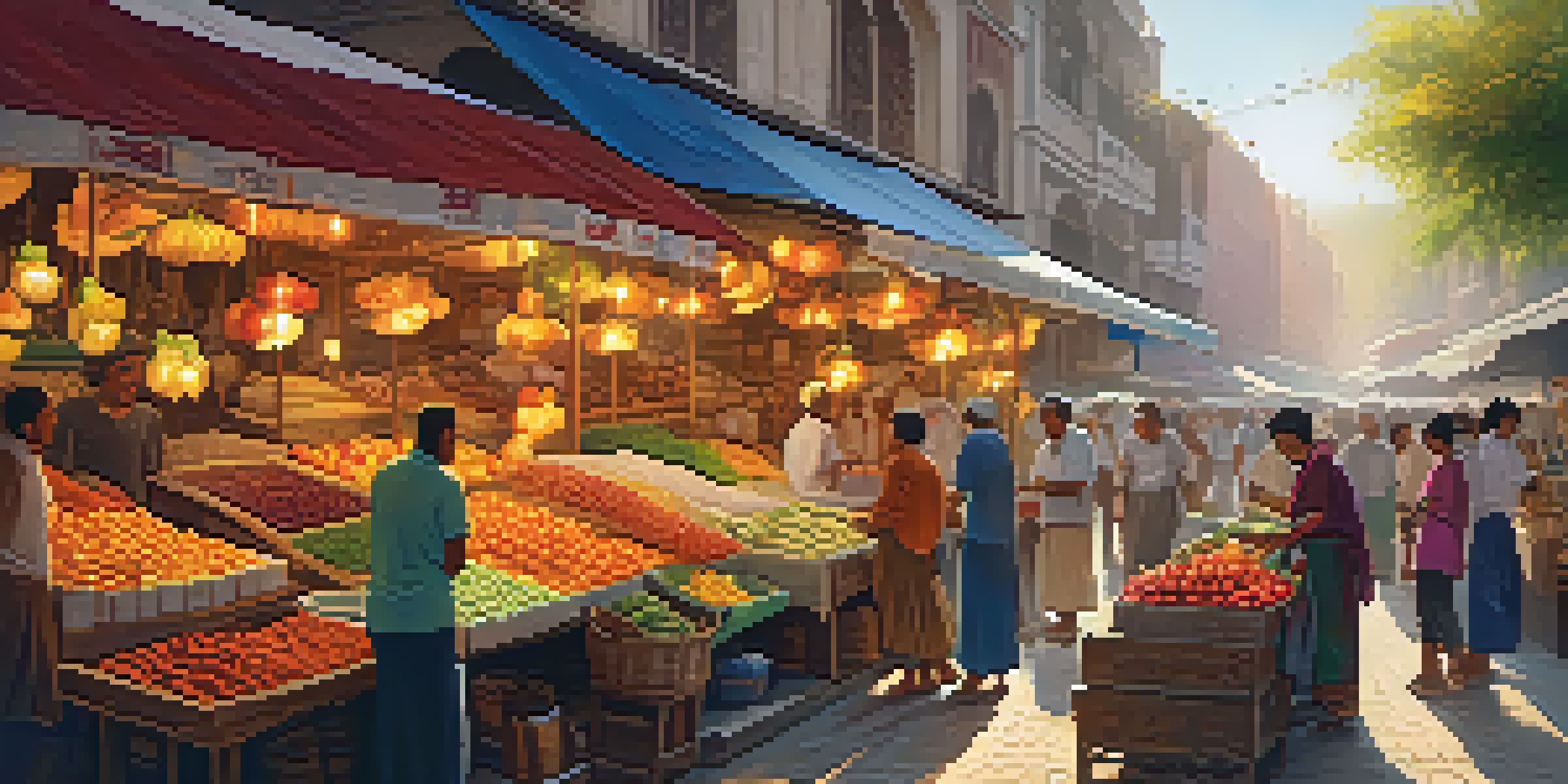A busy street market with colorful stalls and smiling vendors, filled with fresh produce and crafts, under warm sunlight.