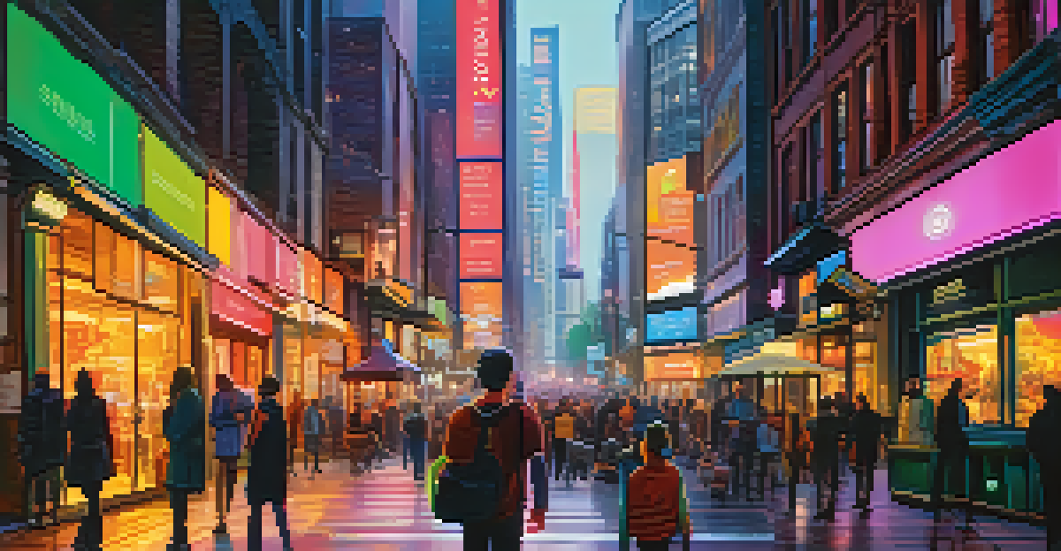 A traveler using a smartphone app in a busy city street, with vibrant storefronts and neon lights in the background.