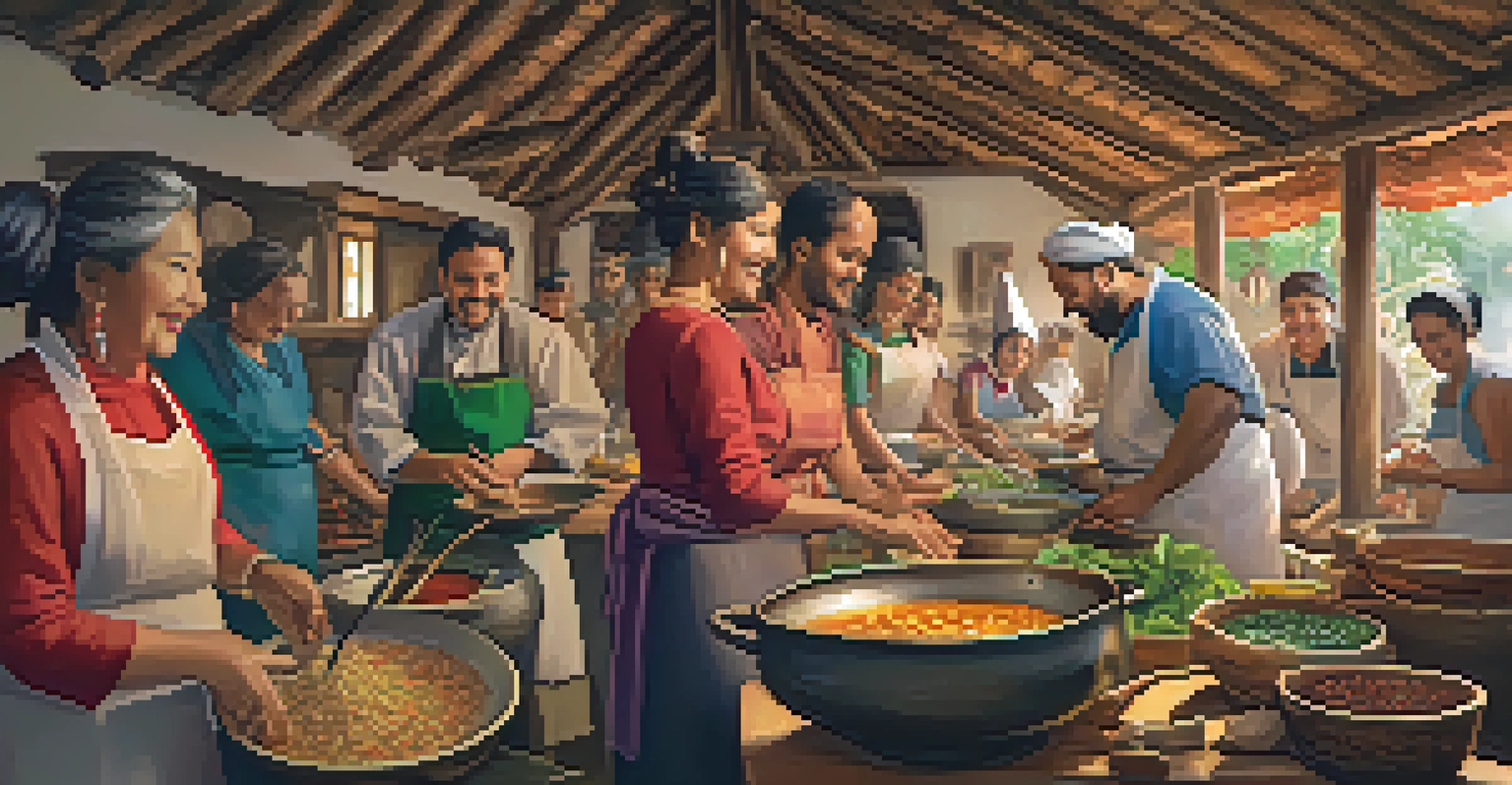 Travelers engaged in a traditional cooking workshop with local chefs, surrounded by fresh ingredients and a cozy kitchen atmosphere.