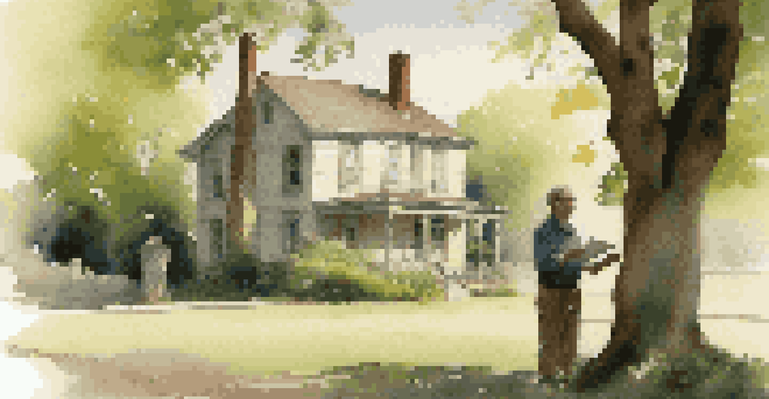 A local historian sharing stories with a visitor in front of an ancestral home, with a photograph displayed on an easel.