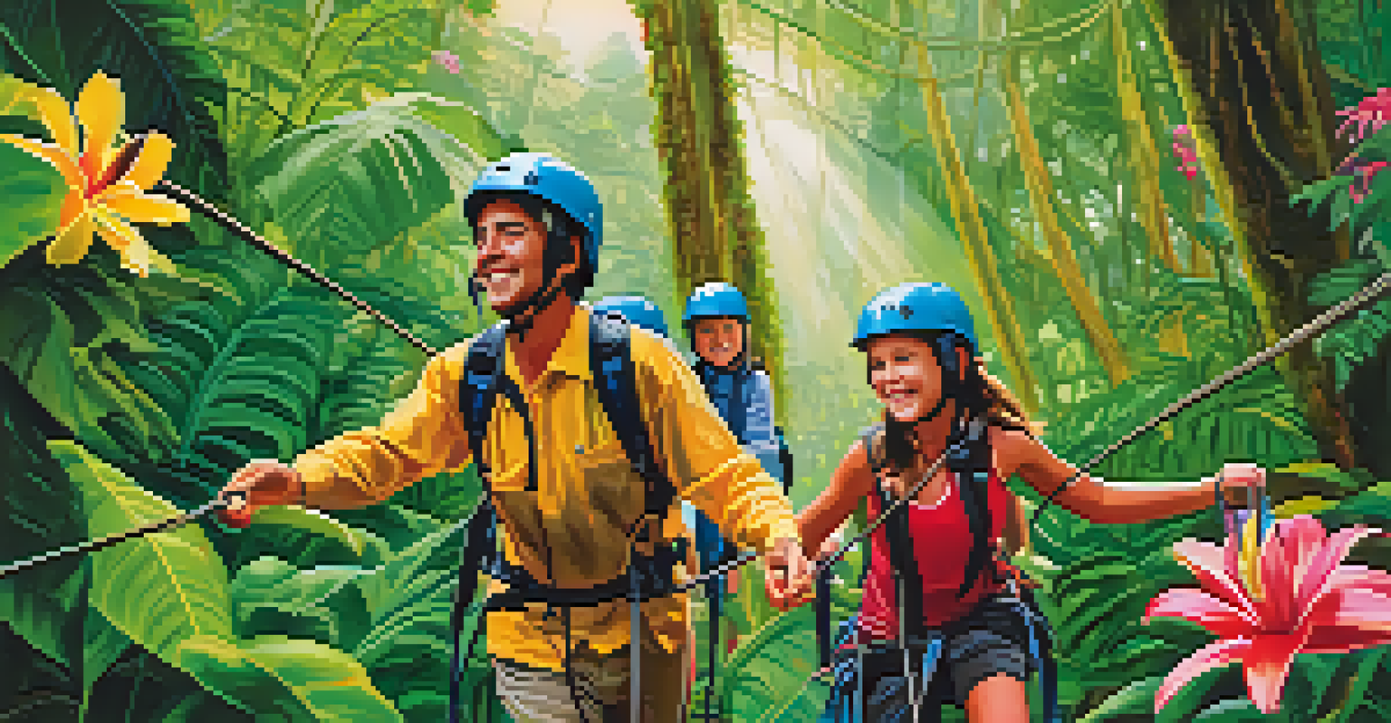 A family zip-lining through a vibrant cloud forest in Costa Rica, with lush greenery all around.