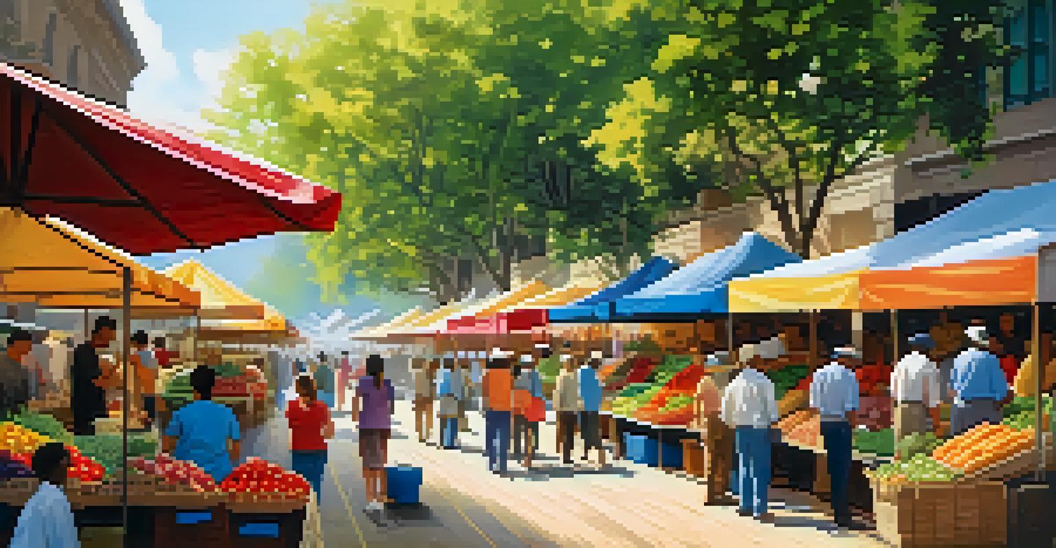 A lively outdoor market with colorful stalls and diverse people shopping and chatting.