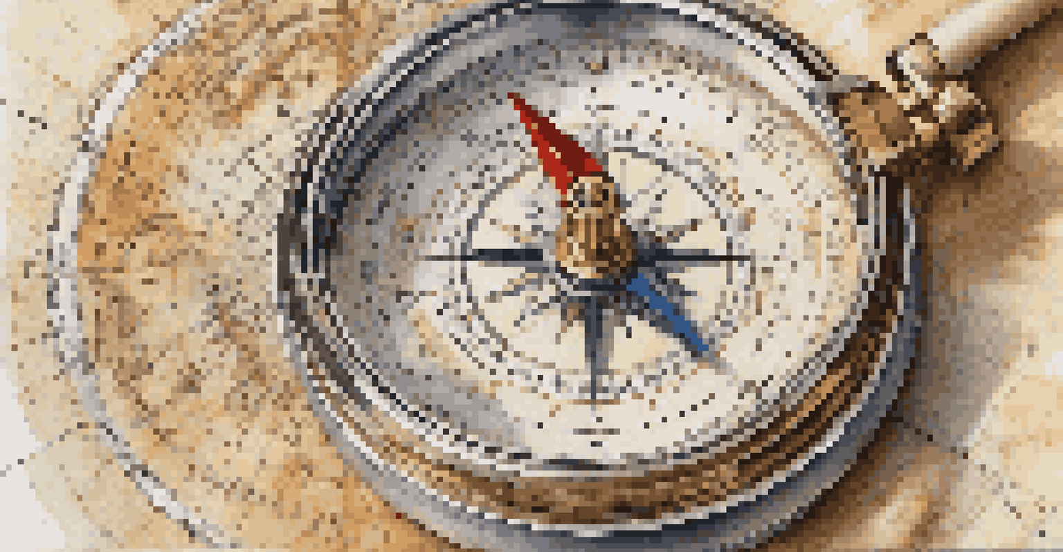 A close-up of a compass on a topographic map with navigational tools around it.