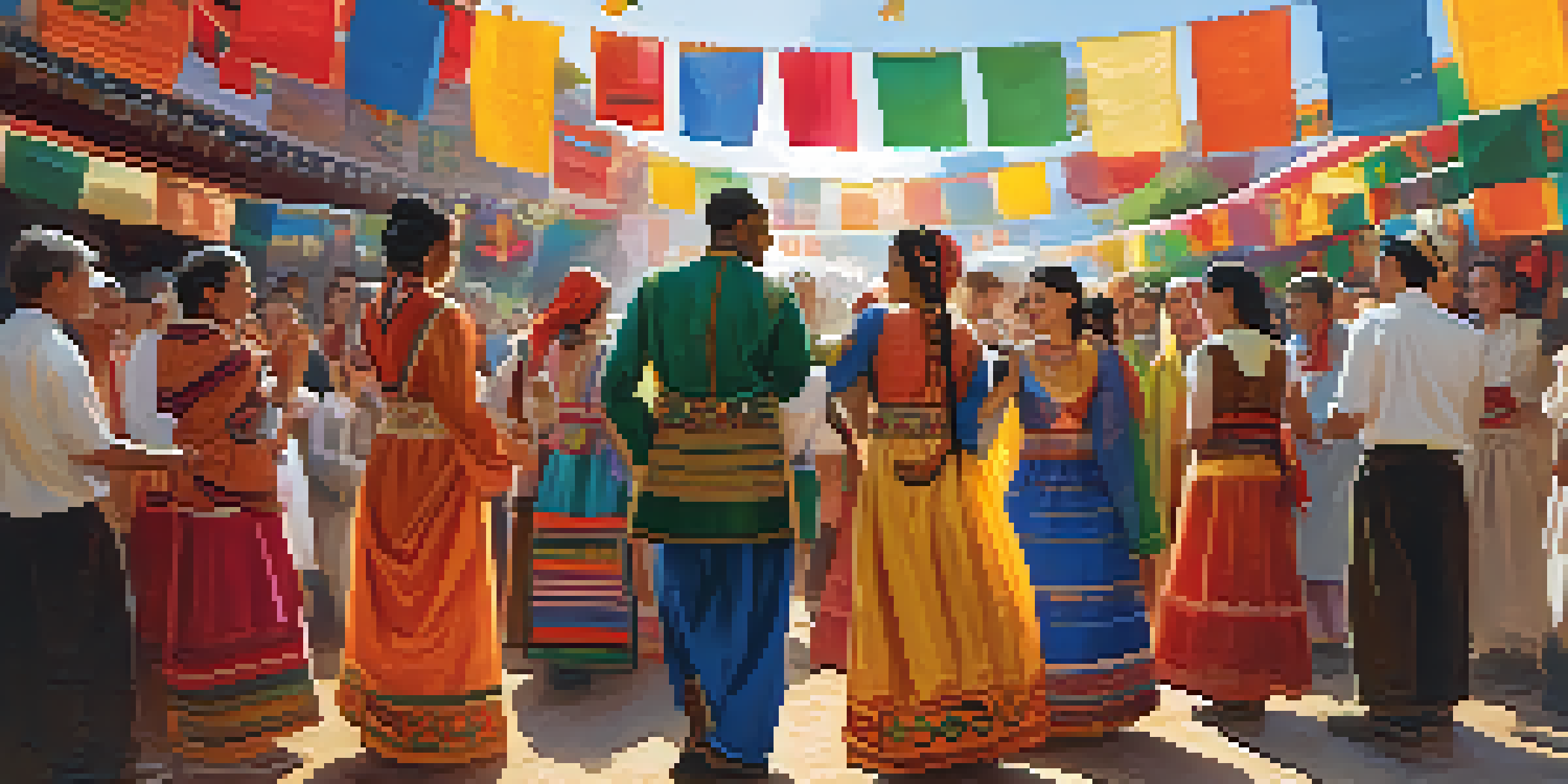 A diverse group of people in traditional clothing greeting each other at a multicultural festival, with colorful flags in the background.