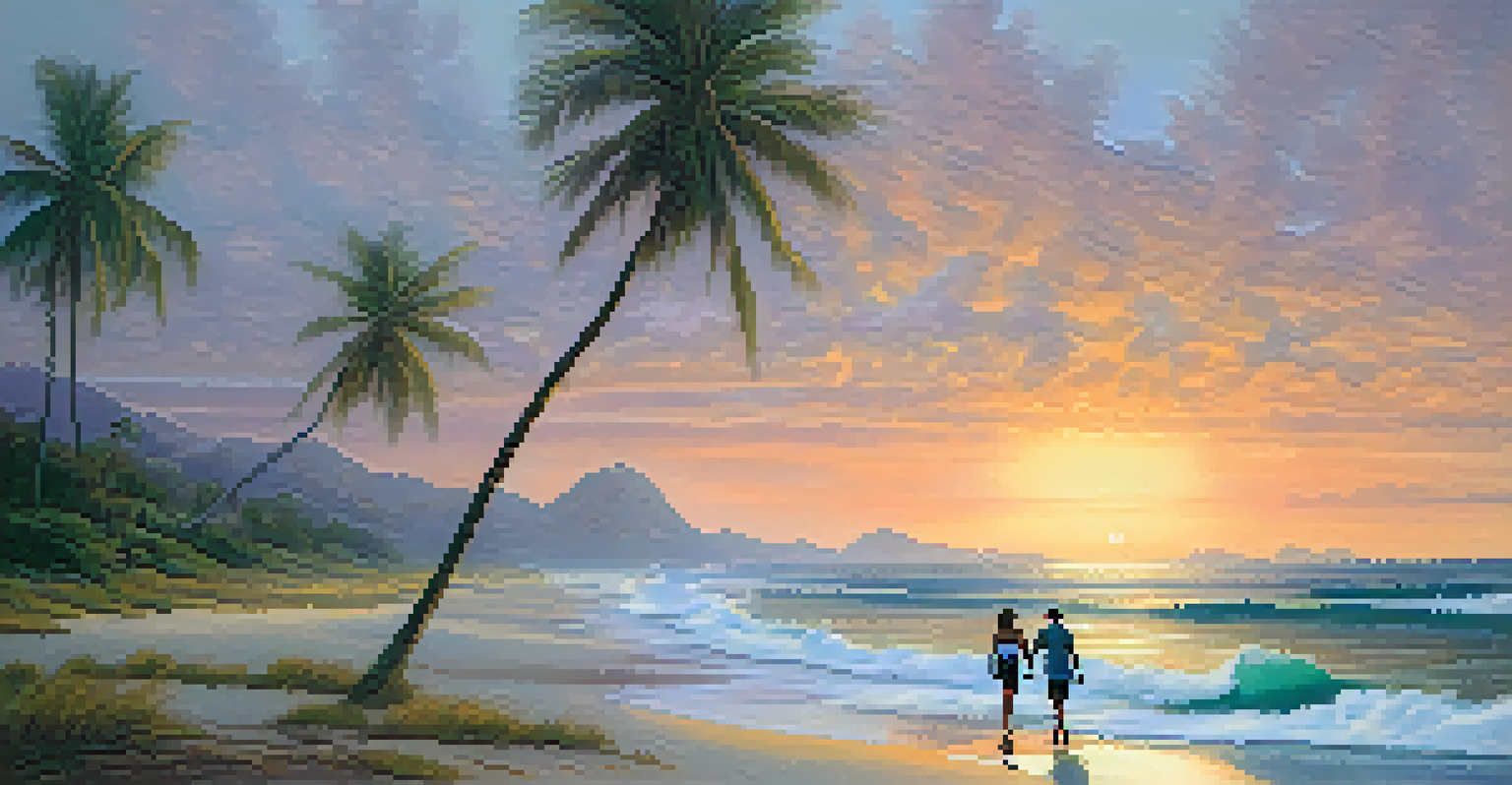 A scenic coastal area during light rain, featuring gentle waves, a sunset sky, and silhouettes of palm trees with a couple walking on the beach.