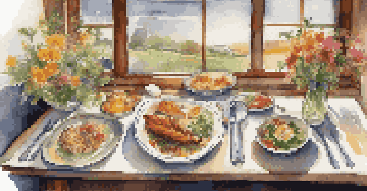 An overhead view of a train dining table set with regional dishes, fresh flowers, and ambient lighting, with a blurred countryside in the background.