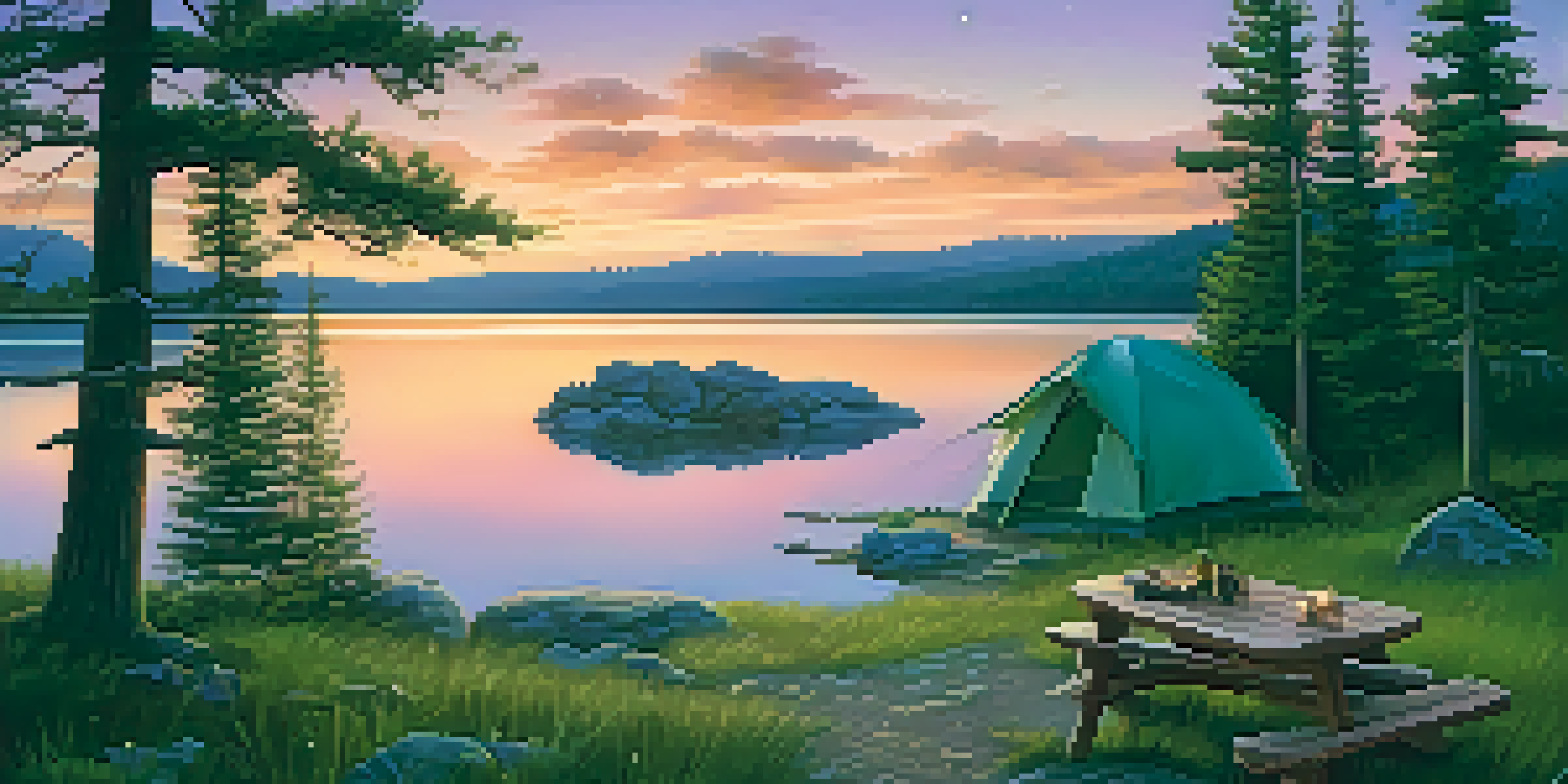 A peaceful camping scene at twilight with a glowing tent, a campfire, and a scenic lake reflecting the sunset.