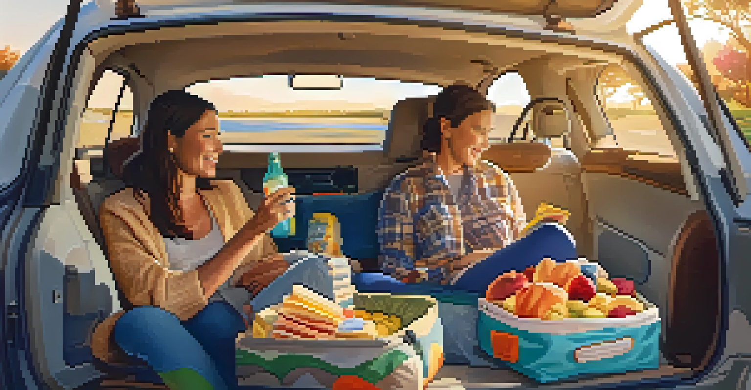 A family inside a car on a road trip, using travel pillows and blankets, surrounded by snacks and a cooler, with sunlight streaming through the windows.