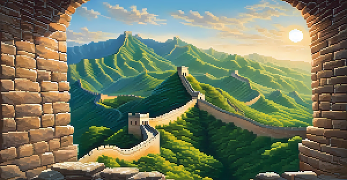 A panoramic view of the Great Wall of China, surrounded by mountains and valleys, under a blue sky with clouds.