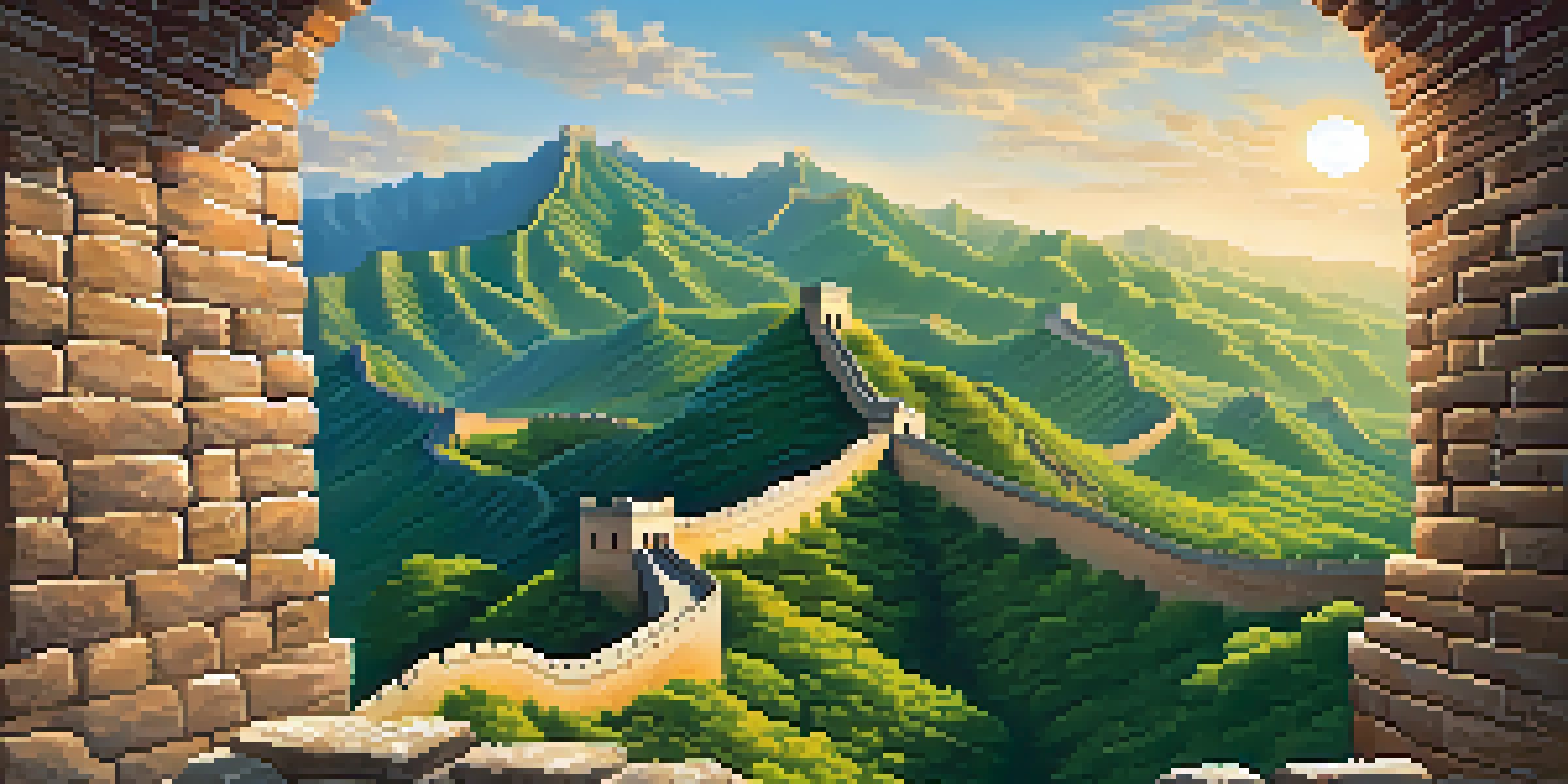 A panoramic view of the Great Wall of China, surrounded by mountains and valleys, under a blue sky with clouds.