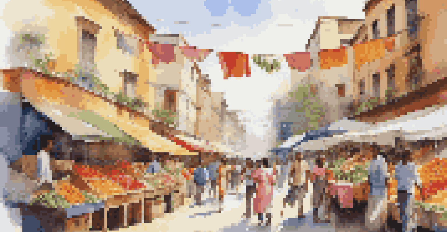 A lively street market filled with colorful stalls and people interacting, showcasing a joyful atmosphere.