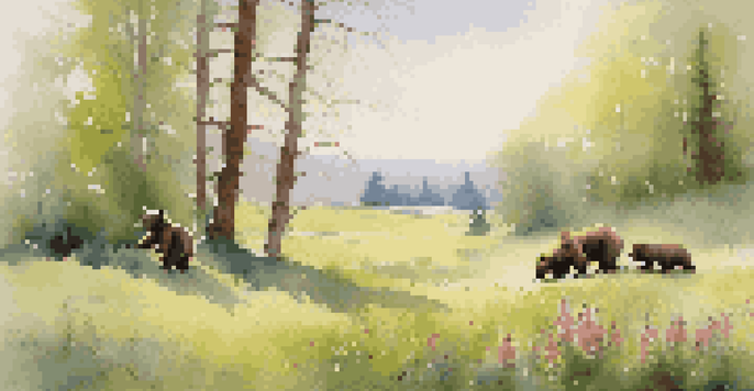 A peaceful spring meadow with blooming flowers and bear cubs playing in the grass.