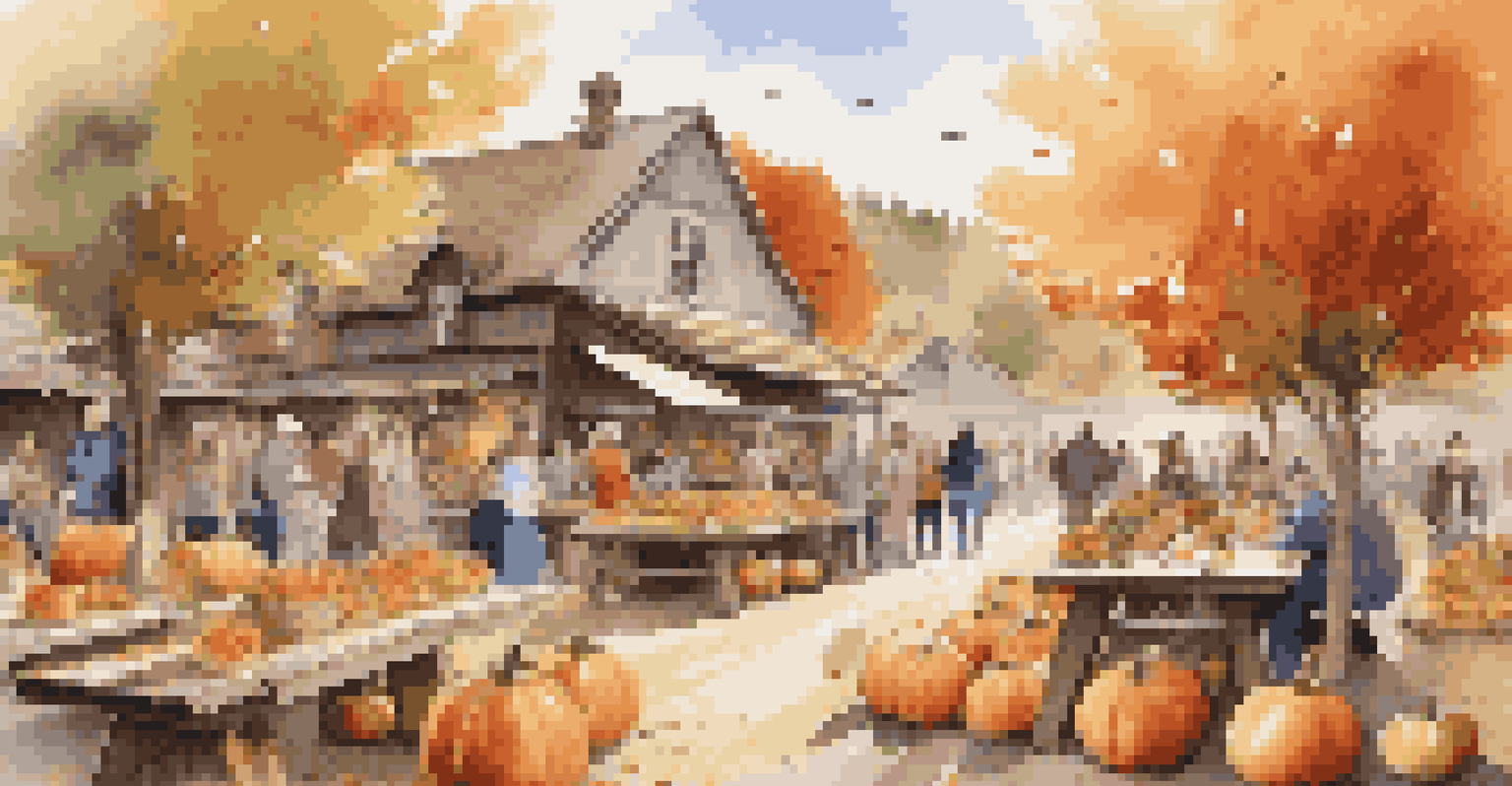 An autumn harvest festival with a table of seasonal produce and people dining in a village setting.