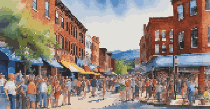 A lively street in Asheville with colorful murals, artists at work, and musicians performing, with the Blue Ridge Mountains in the background.