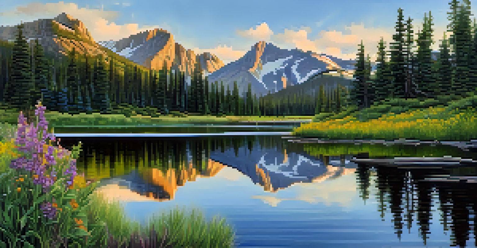 A scenic view of Bear Lake in Rocky Mountain National Park, with mountain reflections in the water and wildflowers in the foreground.