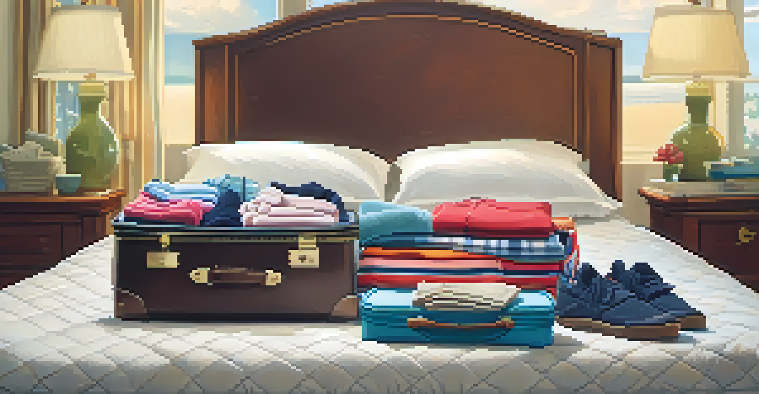 A neatly organized suitcase with packing cubes and a tote bag in a bright bedroom.