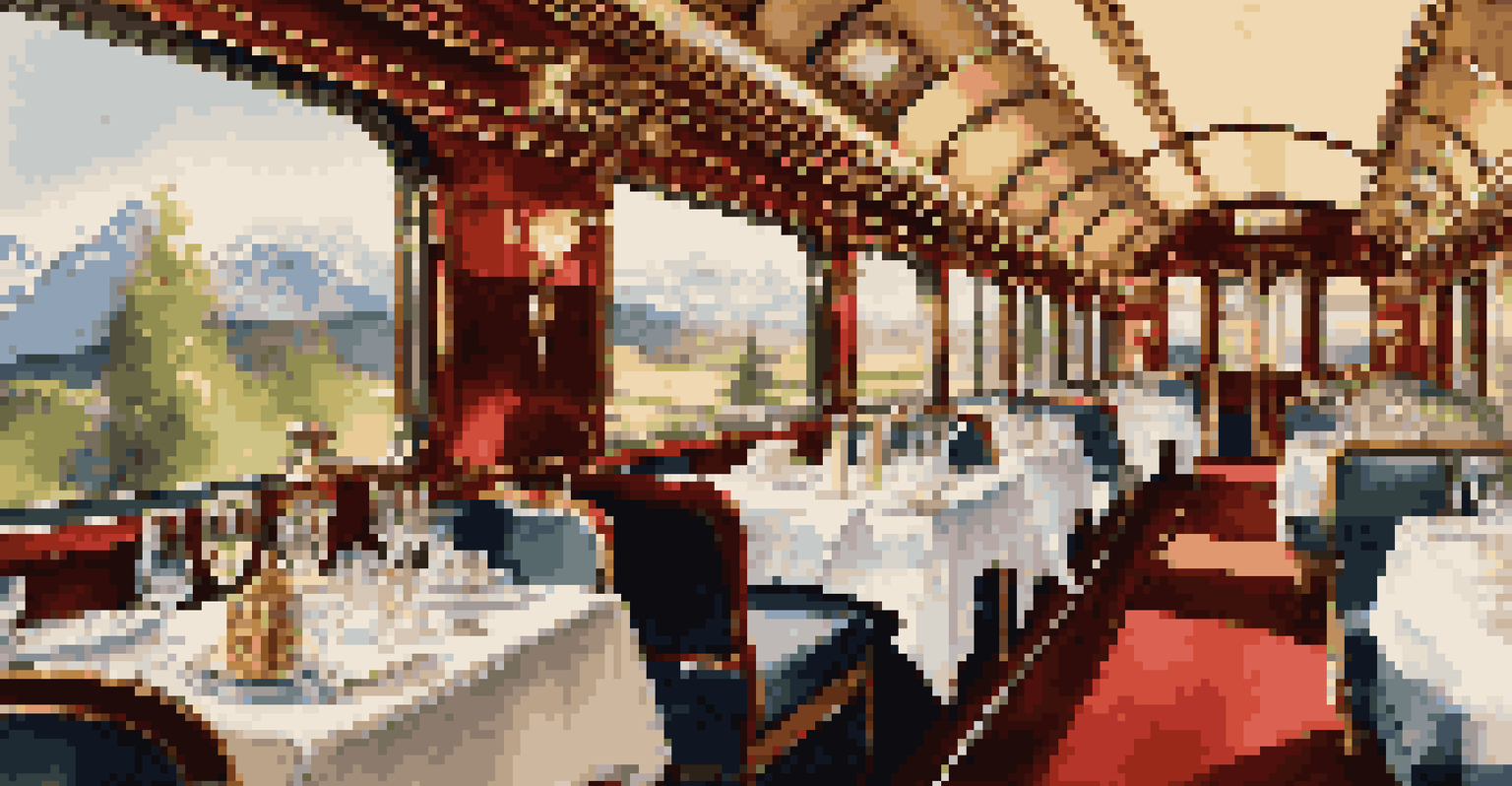 A lavish dining car on a train, displaying gourmet meals and a view of the Swiss Alps through large windows.