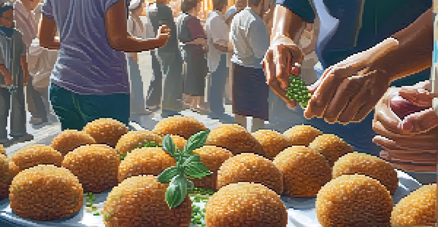 A vendor's hands preparing golden-brown arancini with fresh herbs in a busy market background.