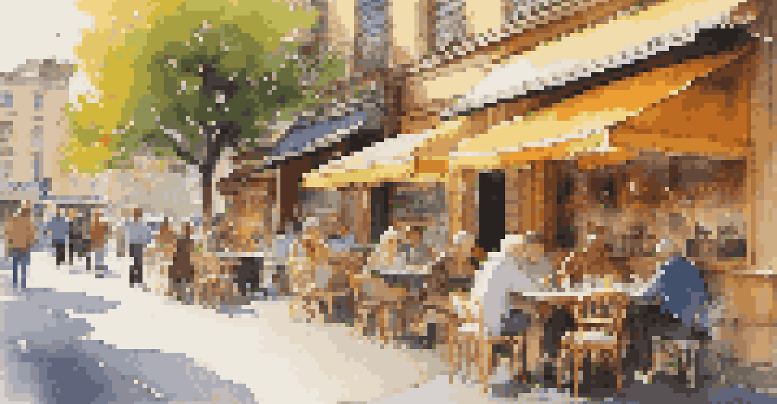 A solo traveler reading a book at an outdoor café with colorful flowers and lively street art in the background.