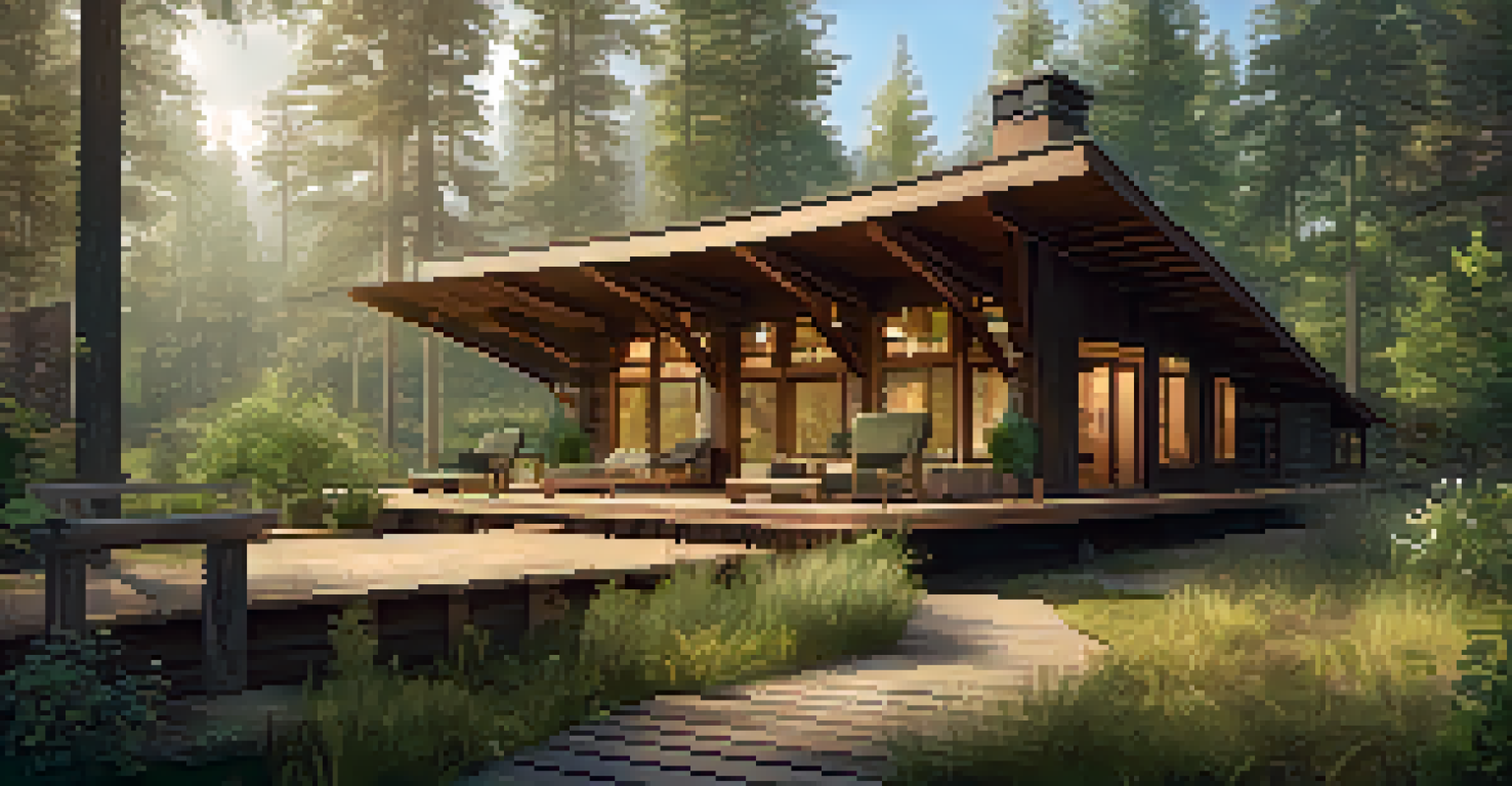 An eco-friendly lodge surrounded by woods, featuring large windows, a wooden deck, and native plants.