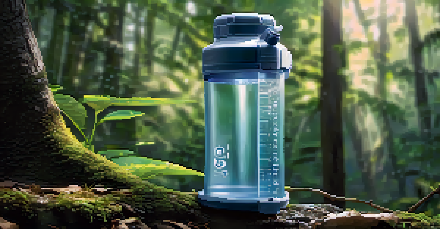 A portable water purification system and a reusable water bottle in a lush forest setting.
