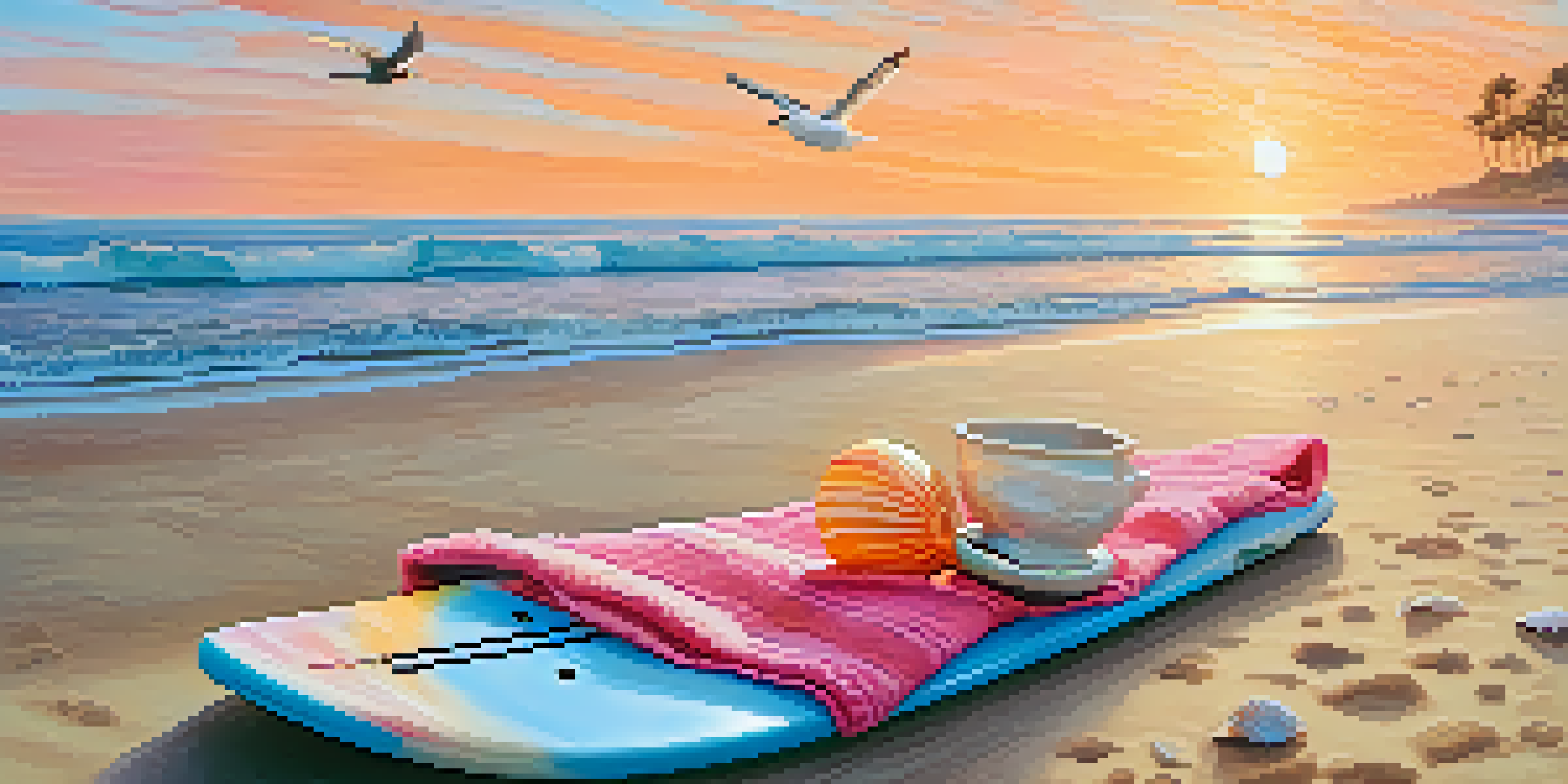 A soft-top longboard on a sandy beach at sunrise, with gentle waves and a colorful towel nearby.