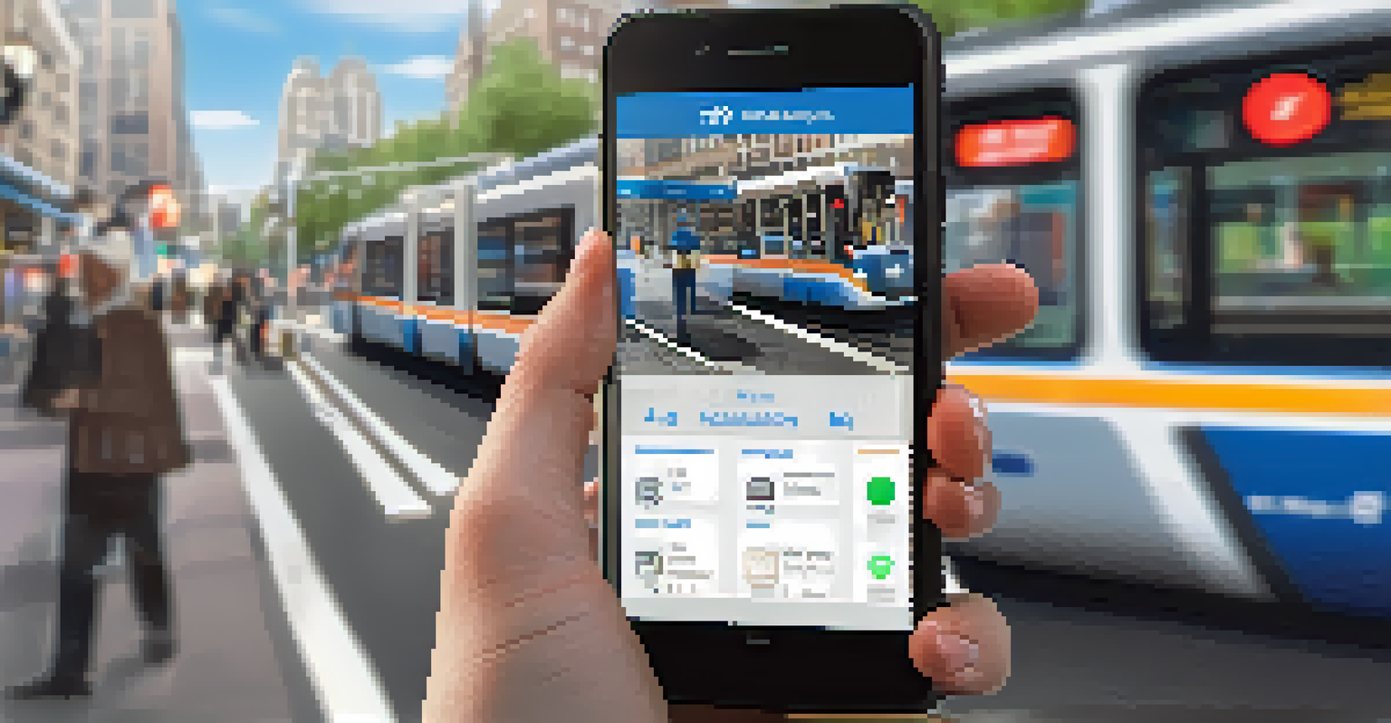 A hand holding a smartphone displaying an accessibility app against a city street backdrop with accessible transport options.