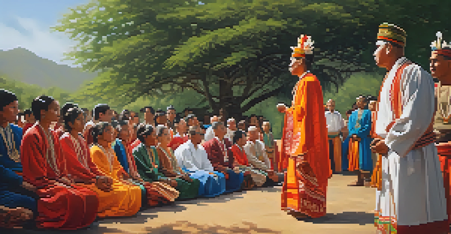A traditional ceremony with participants in colorful attire, set in a natural environment, capturing the essence of cultural respect.