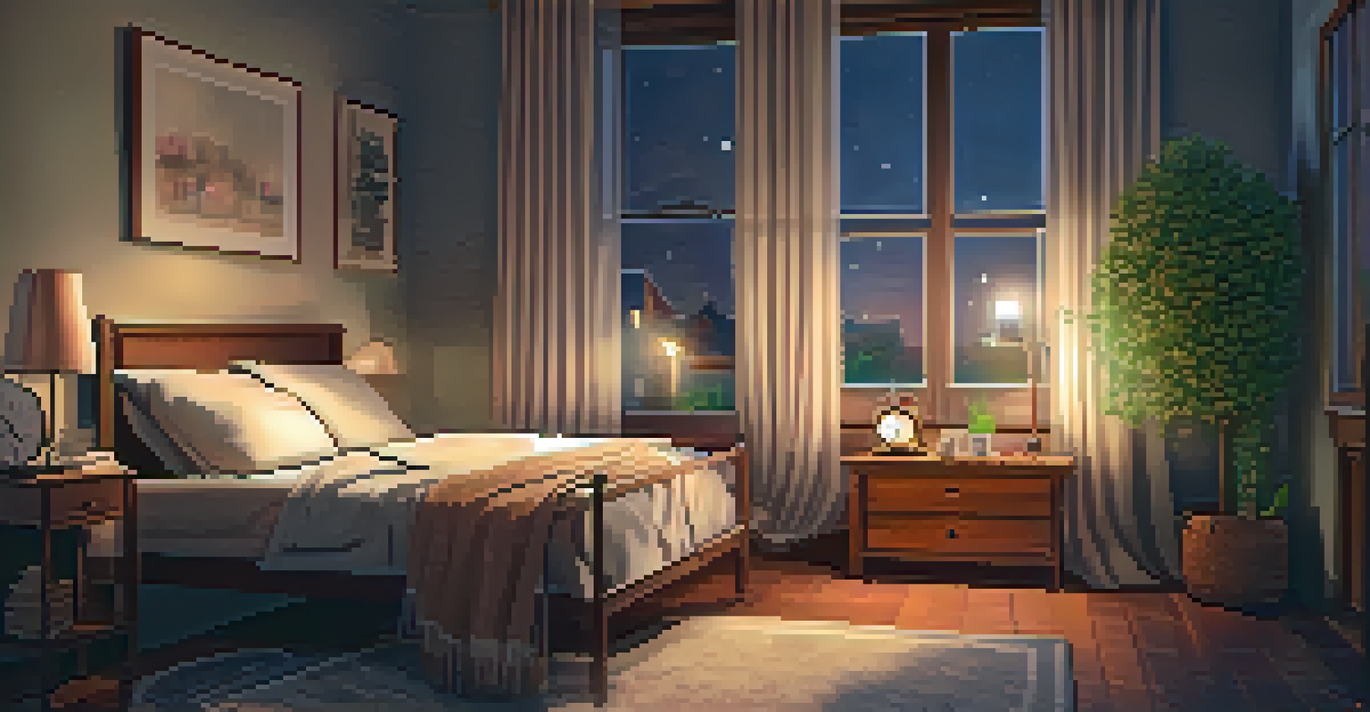 A cozy bedroom at night with a neatly made bed, soft lighting, and a window showing faint moonlight.